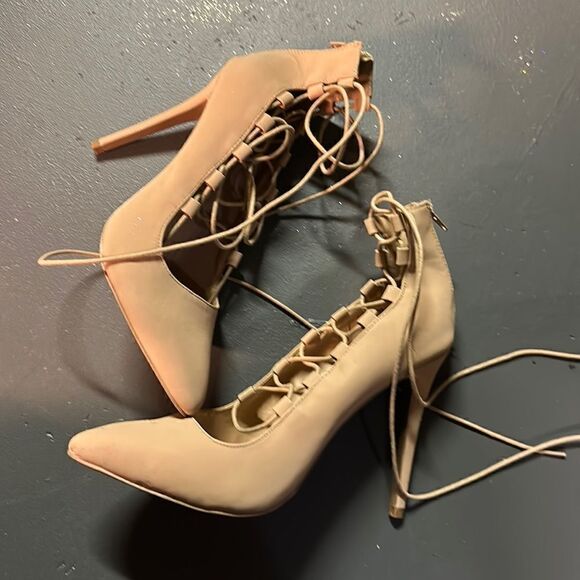 Size 10 Custom Taupe Champagne Charlotte Russe Glitter Ankle Wrap Stilettos - Picture 5 of 8